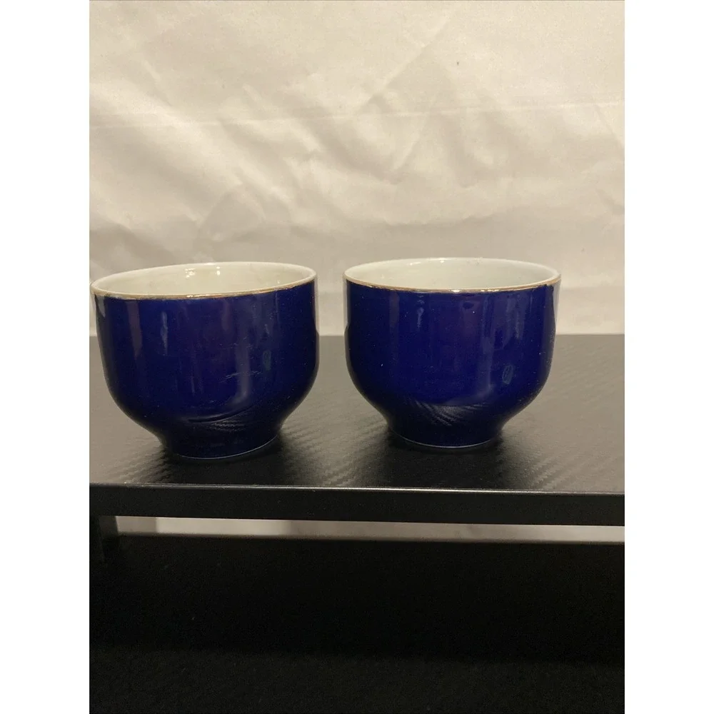 Set Of 2 Japanese Blue Porcelain Peacock Tea Cups